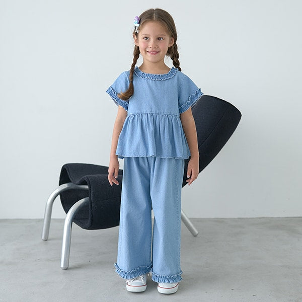 Japanese children's clothing Ly# mine ruffled top and pants two-piece suit 100-150cm girls spring and summer TOPS PANTS