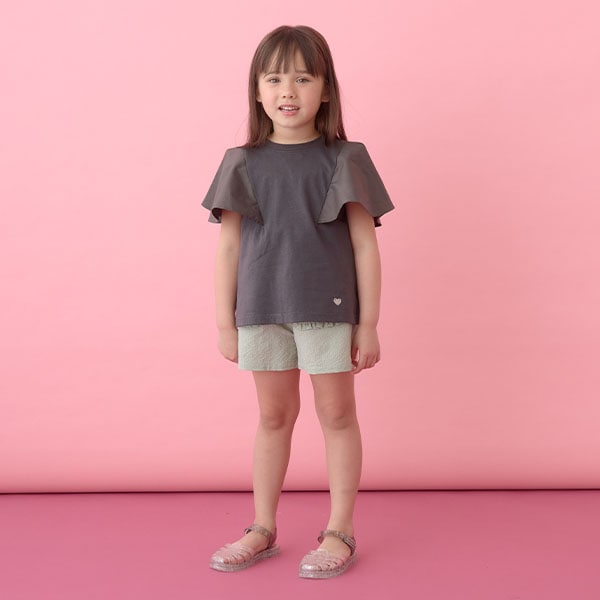 Japanese children's clothing Ly# mine 2Way double-sided lace sleeve top 100-150cm girls summer TOPS