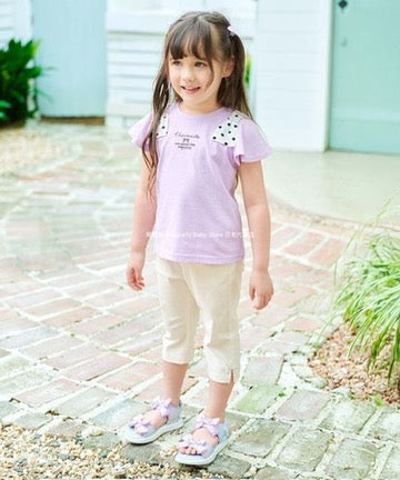Japanese children's clothing aF#a325 bow shoulder sleeve top 90-160cm girls summer TOPS