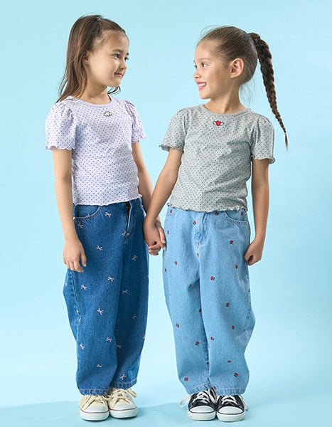 Japanese children's clothing Ly# mine heart embroidered top 100-150cm girls spring and summer TOPS