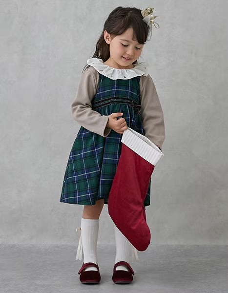 日本童裝 pe#main 假兩件格仔連身裙 80-130cm 女童款 冬季 DRESSES 面試/宴會/表演 聖誕紅/新年紅