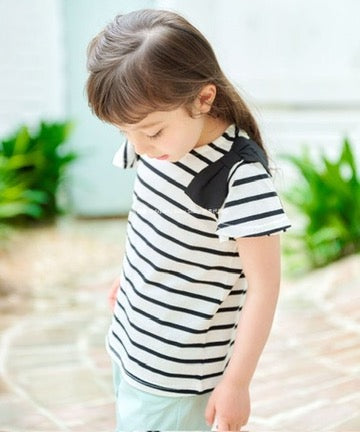 Japanese children's clothing aF#a325 bow shoulder sleeve top 90-160cm girls summer TOPS