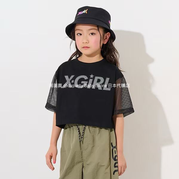 Japanese children's clothing X-girl Stages mesh sleeve patchwork top 90-140cm girls summer TOPS