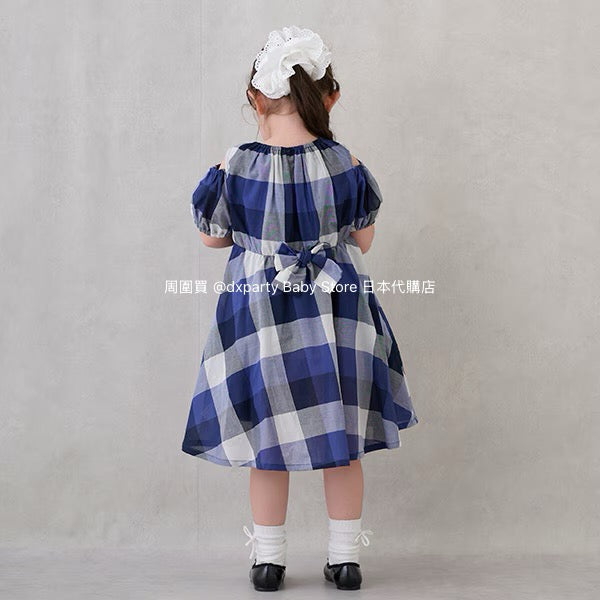 Japanese children's clothing pe#main off-the-shoulder checkered dress 80-130cm girls summer dresses