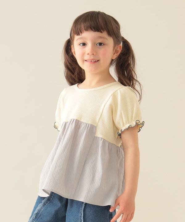 Japanese children's clothing BEAMS mini puff sleeve patchwork top 90-150cm girls summer TOPS