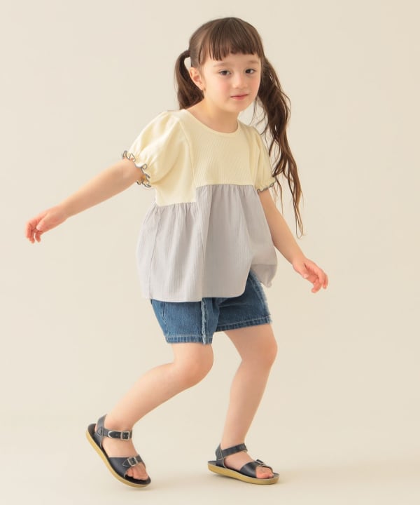 Japanese children's clothing BEAMS mini puff sleeve patchwork top 90-150cm girls summer TOPS