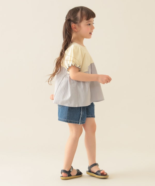 Japanese children's clothing BEAMS mini puff sleeve patchwork top 90-150cm girls summer TOPS