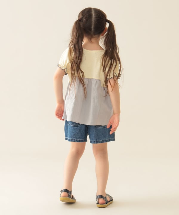 Japanese children's clothing BEAMS mini puff sleeve patchwork top 90-150cm girls summer TOPS