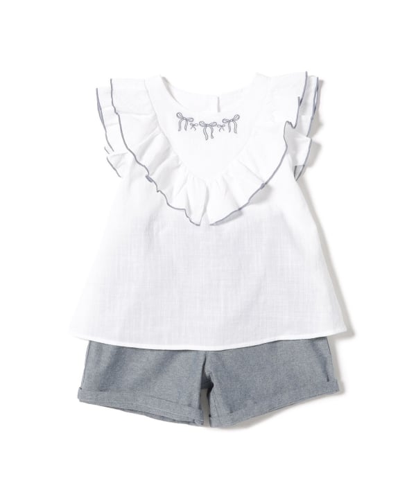 Japanese BEAMS Mini Embroidery Two-Piece Set (90-150cm) for Girls (Summer TOPS PANTS)
