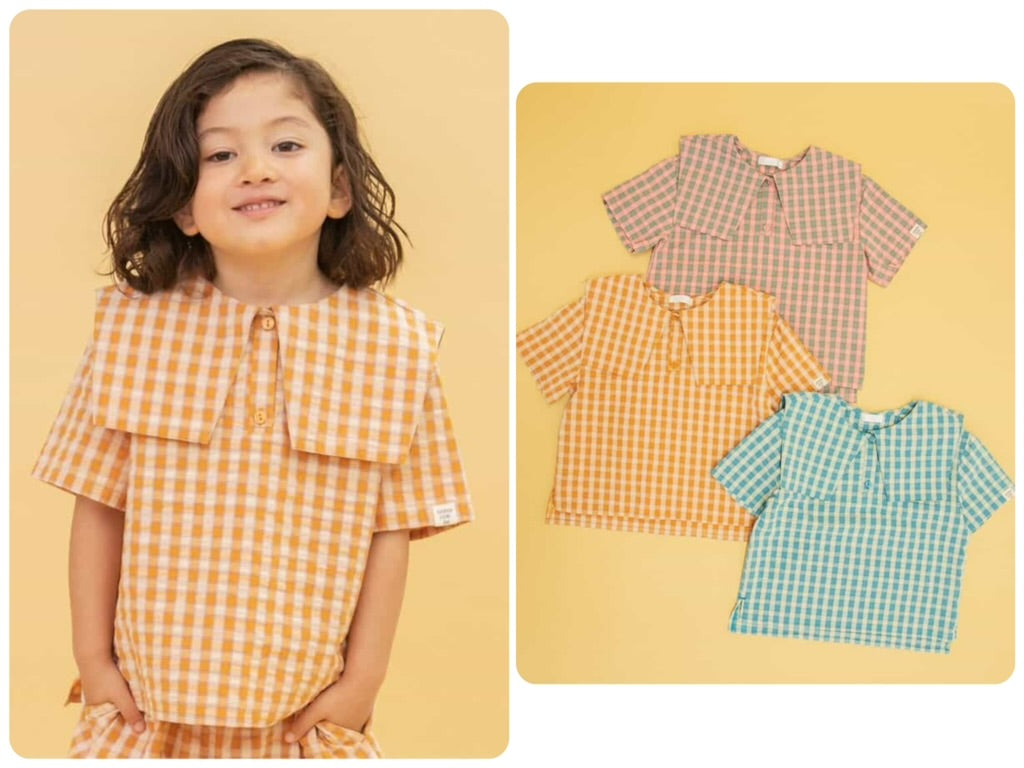 Japanese children's clothing BREEZE plaid sailor top 90-140cm boys/girls summer TOPS