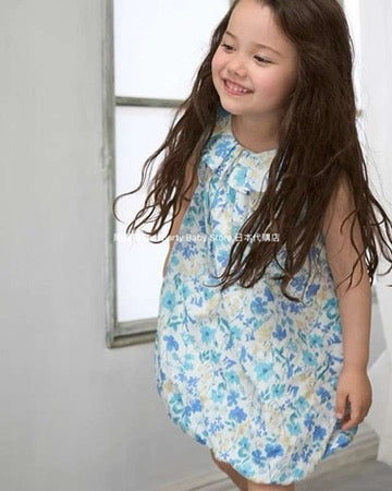 Japanese children's clothing pe#main floral bubble dress 80-130cm girls summer dresses