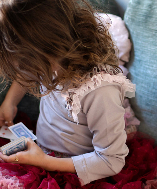 Japanese children's clothing panpantutu milk tea color ruffle shoulder top 80-150cm girls summer TOPS