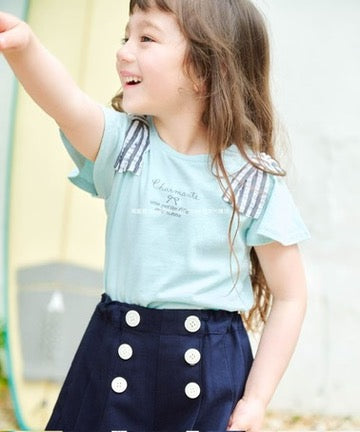 Japanese children's clothing aF#a325 bow shoulder sleeve top 90-160cm girls summer TOPS