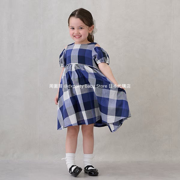Japanese children's clothing pe#main off-the-shoulder checkered dress 80-130cm girls summer dresses