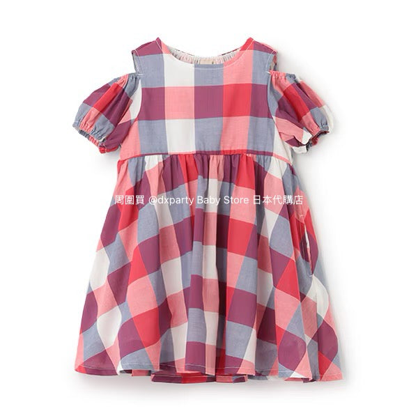 Japanese children's clothing pe#main off-the-shoulder checkered dress 80-130cm girls summer dresses