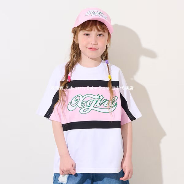 Japanese children's clothing X-girl Stages contact cool color block logo print top 80-140cm girls summer TOPS