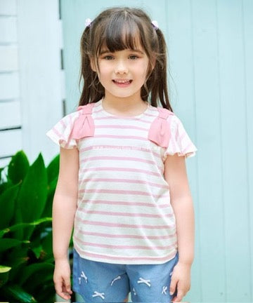 Japanese children's clothing aF#a325 bow shoulder sleeve top 90-160cm girls summer TOPS