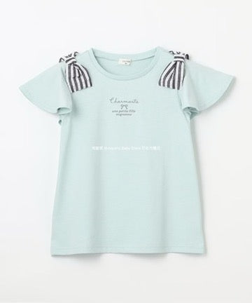 Japanese children's clothing aF#a325 bow shoulder sleeve top 90-160cm girls summer TOPS