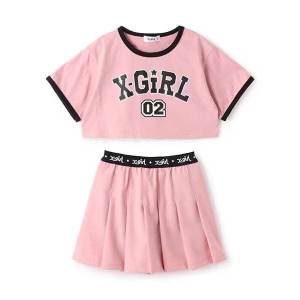 Japanese children's clothing X-girl Stages short top pleated skirt two-piece set 80-140cm girls summer TOPS SKIRTS