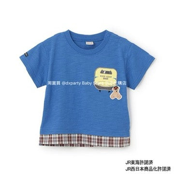 Japanese children's clothing pe#main x Shinkansen plaid appliqué short-sleeved top 80-130cm boys' summer TOPS railway series