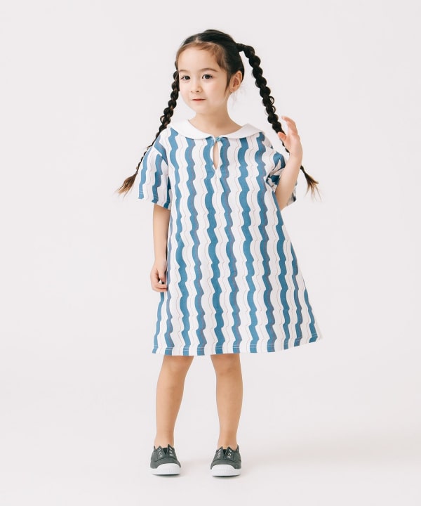 Japanese children's clothing B:MING by BEAMS wave pattern sailor collar dress 100-140cm girls summer dresses