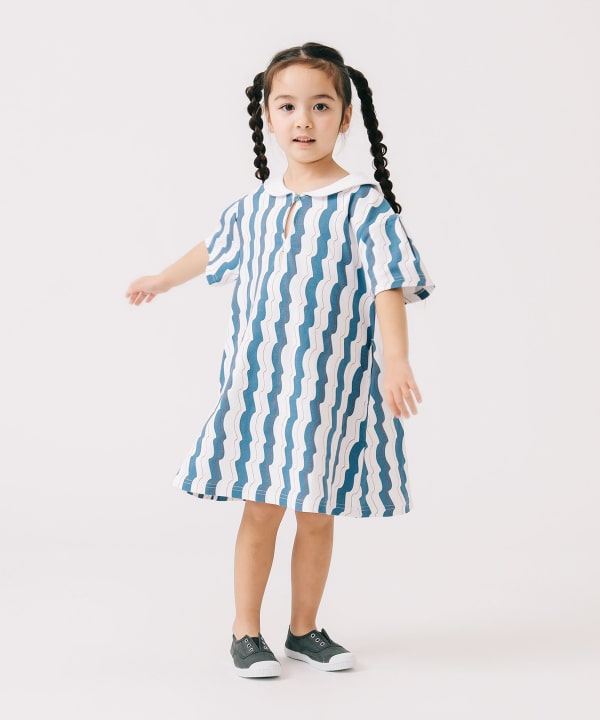 Japanese children's clothing B:MING by BEAMS wave pattern sailor collar dress 100-140cm girls summer dresses