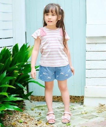 Japanese children's clothing aF#a325 bow shoulder sleeve top 90-160cm girls summer TOPS