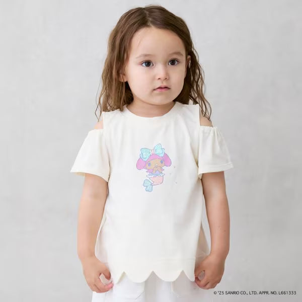 Japanese children's clothing pe#main x Sanrio Sunburn series contact cool off-shoulder lace top 80-130cm girls summer TOPS