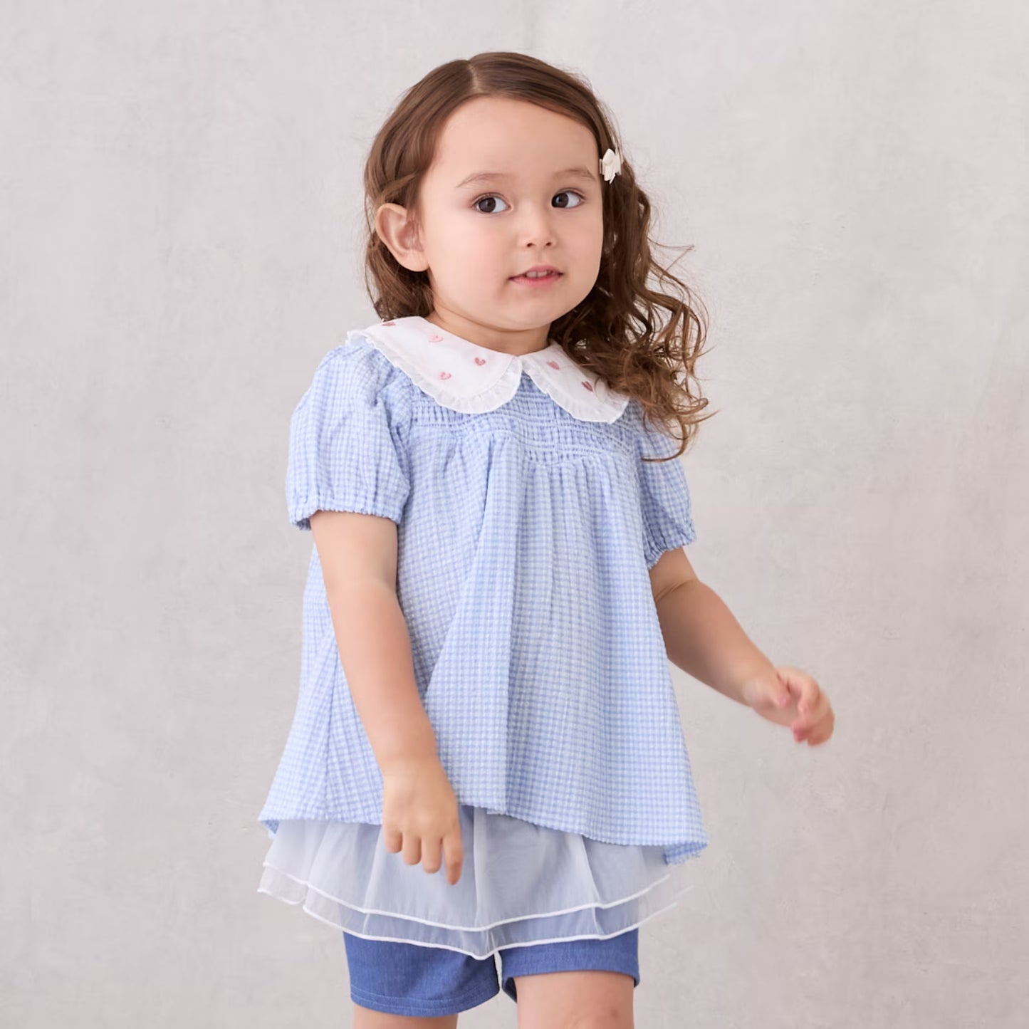 Japanese children's clothing pe#main heart-shaped embroidered collar top 80-130cm girls summer TOPS