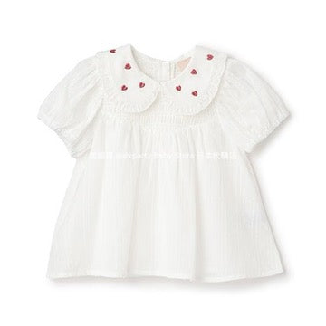 Japanese children's clothing pe#main heart-shaped embroidered collar top 80-130cm girls summer TOPS