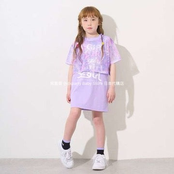 Japanese X-girl Stages Mesh Top and Dress Set (110-140cm) for Girls Summer
