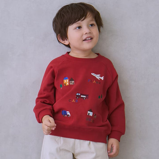 日本童裝 pe#main 車車刺繡衛衣 80-130cm 男童款 冬季 TOPS 聖誕紅/新年紅