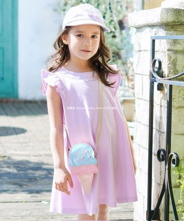 Japanese children's clothing aF#a325 small flying sleeve waist bow dress 90-160cm girls summer dresses