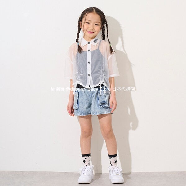 Japanese children's clothing X-girl Stages transparent shirt and suspenders two-piece set 110-140cm girls summer TOPS