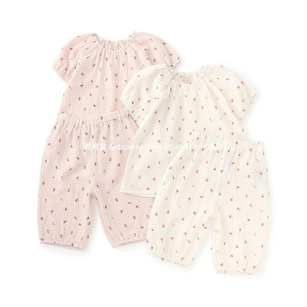 Japanese children's clothing pe#main puff sleeve double gauze pajamas 80-130cm girls' summer pajamas series