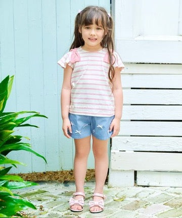 Japanese children's clothing aF#a325 bow shoulder sleeve top 90-160cm girls summer TOPS