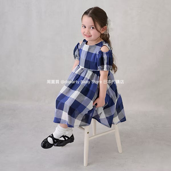 Japanese children's clothing pe#main off-the-shoulder checkered dress 80-130cm girls summer dresses