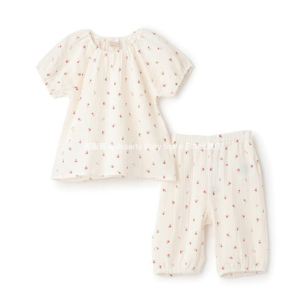 Japanese children's clothing pe#main puff sleeve double gauze pajamas 80-130cm girls' summer pajamas series