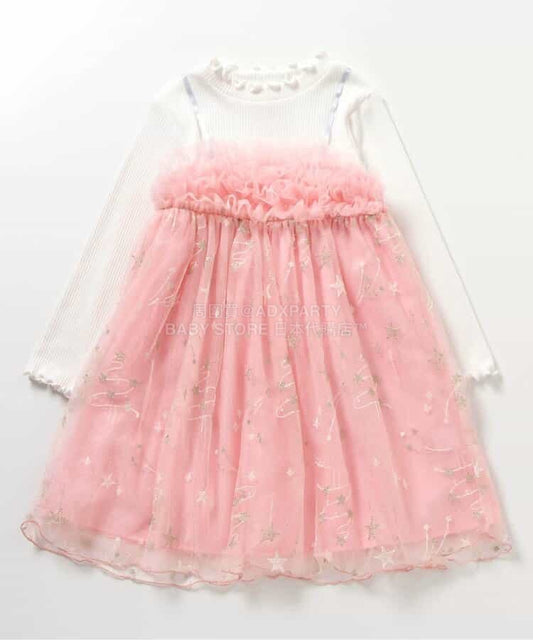 日本童裝 apres les cours 假兩件網紗連身裙 80-140cm 女童款 春季 DRESSES 面試/宴會/表演