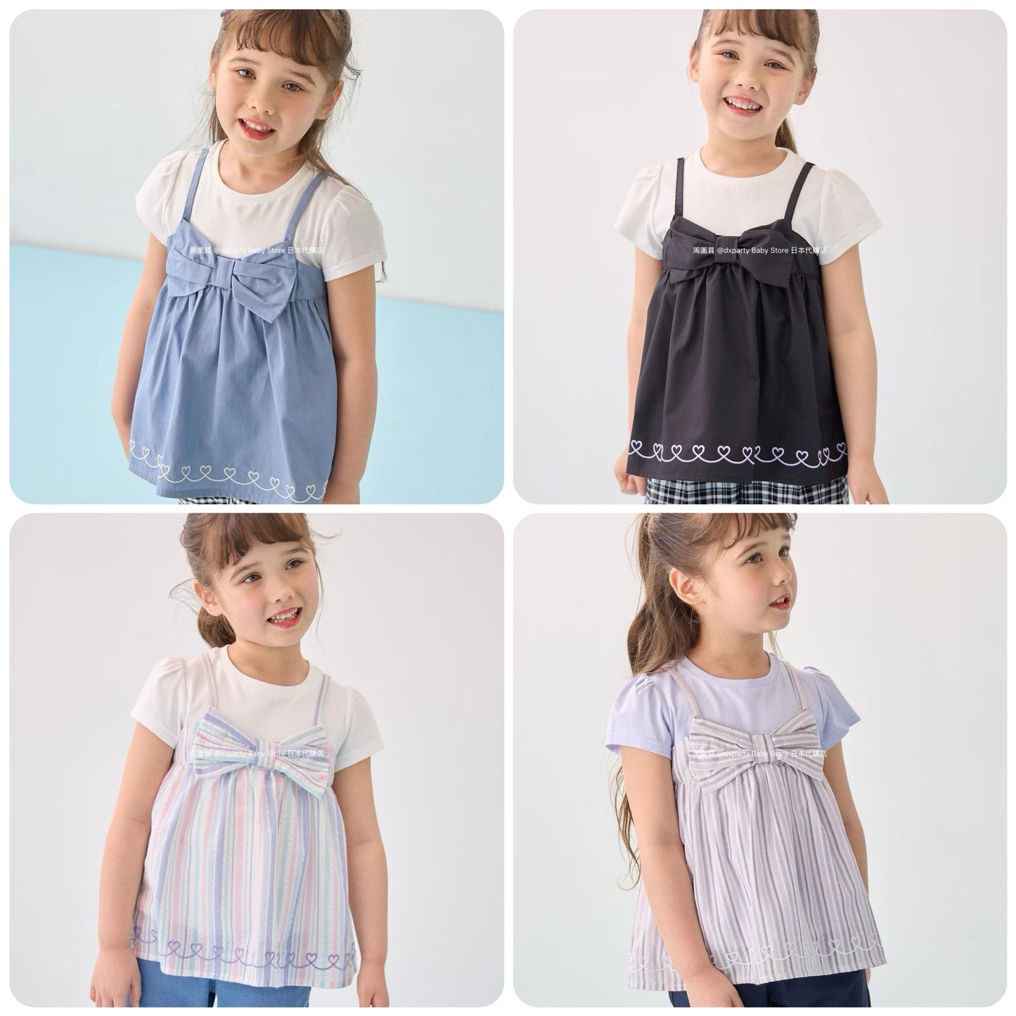 Japanese children's clothing aF#a325 Bowknot fake two-piece top 90-160cm girls summer TOPS