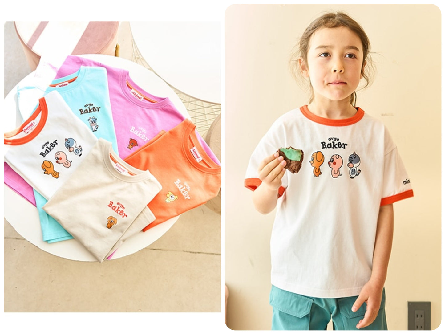 Japanese children's clothing mini#ML x ovgo Baker cute short-sleeved top 90-140cm boys/girls summer TOPS