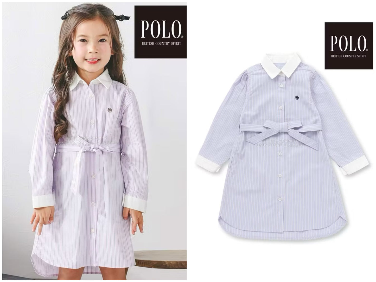 日本童裝  SLAP SLIP x POLO BCS 繫帶領口條紋襯衫裙 80-130cm 女童款 秋季 DRESSES