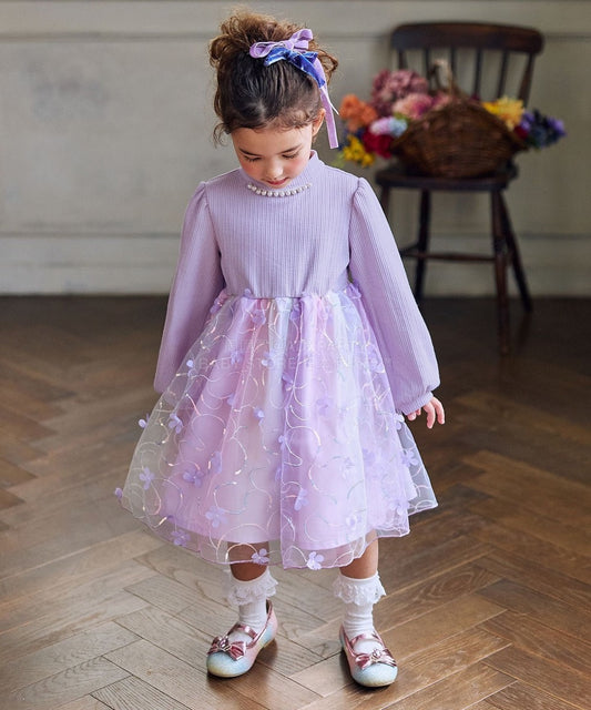 日本童裝 aF#a325 花花網紗拼接連身裙 100-150cm 女童款 冬季 DRESSES