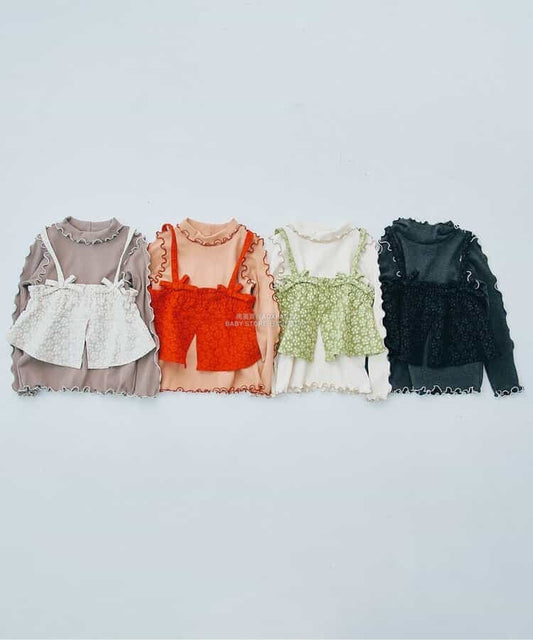 日本童裝 p.premier 花卉提花吊帶及上衣兩件套裝 80-140cm 女童款 秋季 TOPS