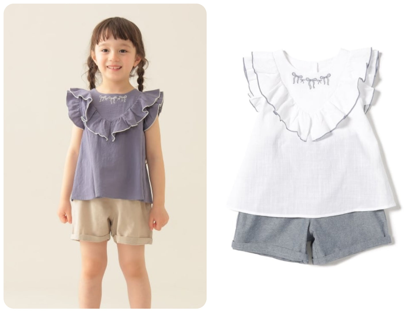Japanese BEAMS Mini Embroidery Two-Piece Set (90-150cm) for Girls (Summer TOPS PANTS)