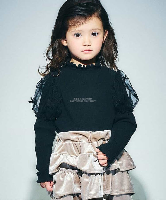 日本童裝 SERAPH 蝴蝶結紗袖上衣 80-140cm 女童款 秋季 TOPS