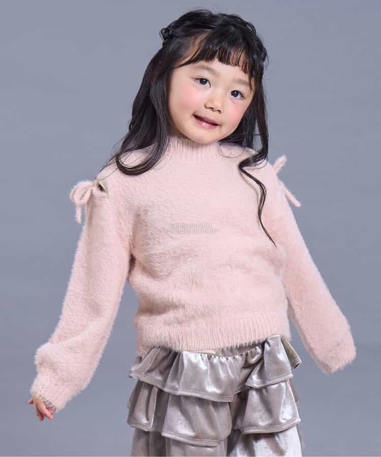 日本童裝 SERAPH 蓬鬆露肩絲帶毛絨針織上衣 80-140cm 女童款 秋季 TOPS