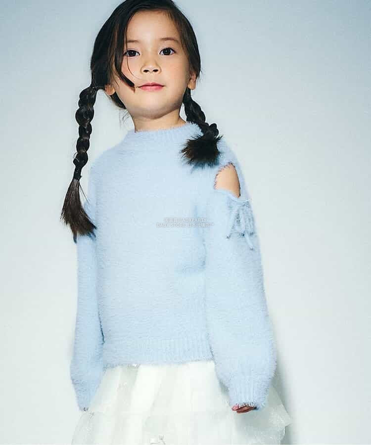 日本童裝 SERAPH 蓬鬆露肩絲帶毛絨針織上衣 80-140cm 女童款 秋季 TOPS