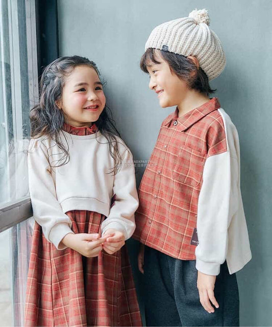 日本童裝 SERAPH 暖色拼接格紋連身裙 80-140cm 女童款 秋季 DRESSES