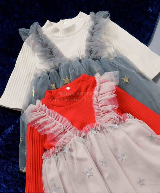 日本童裝 BREEZE 假兩件網紗連衣 70-80cm 女童款 初生腰兒 冬季 Jumpsuit 聖誕紅/新年紅